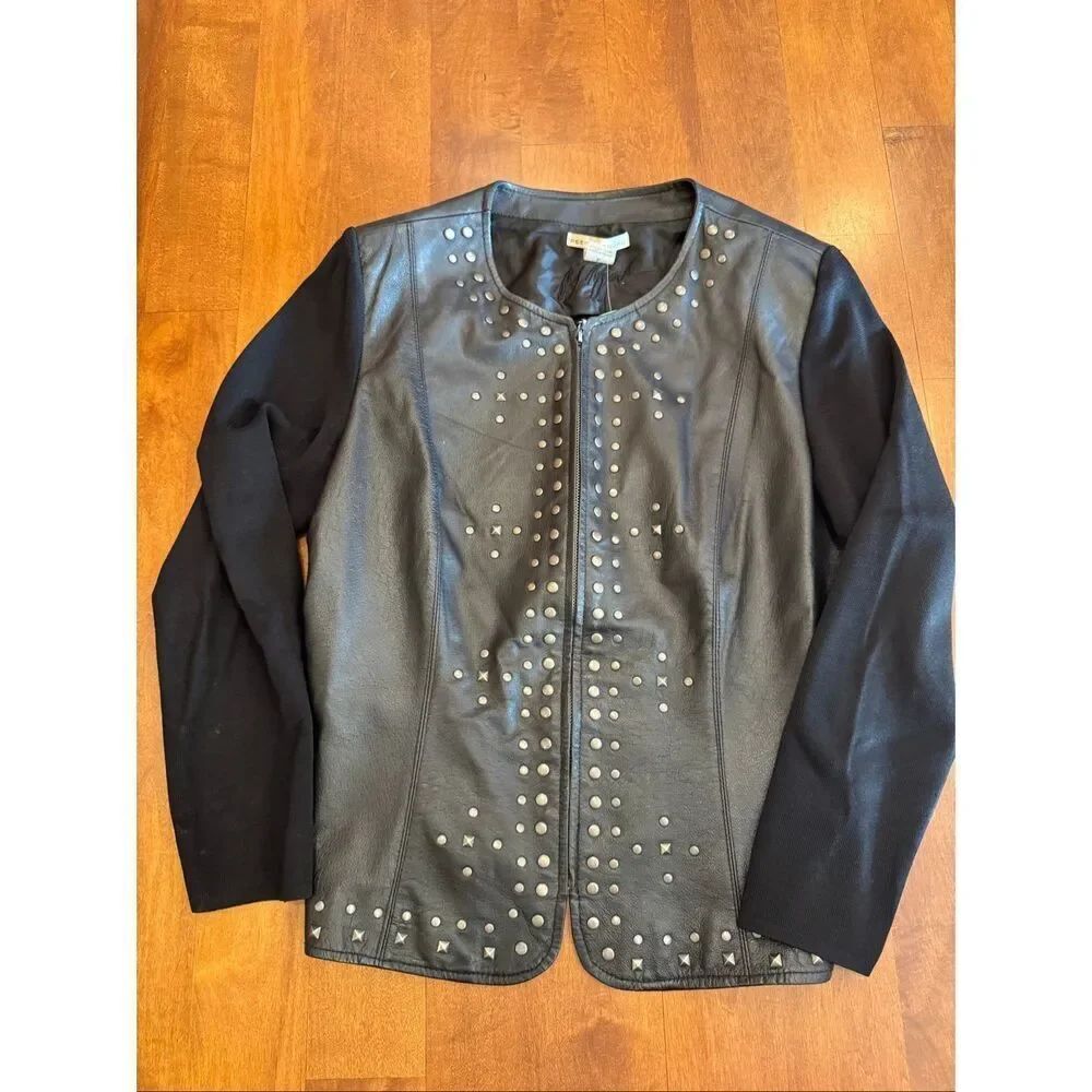 Peter Nygard Petites L Genuine Leather Studded Jacket Black Knit Sleeve Moto Roc